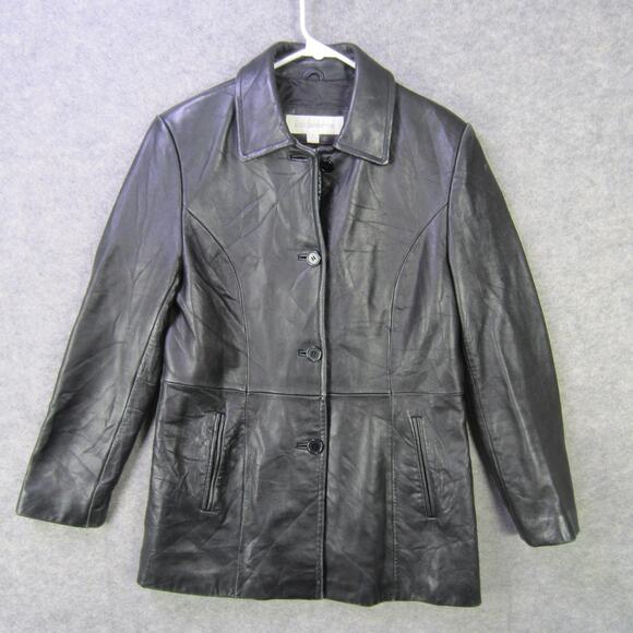 Liz Claiborne Leather Jacket Womens Medium Black Button Front Collared Pockets - Picture 1 of 6
